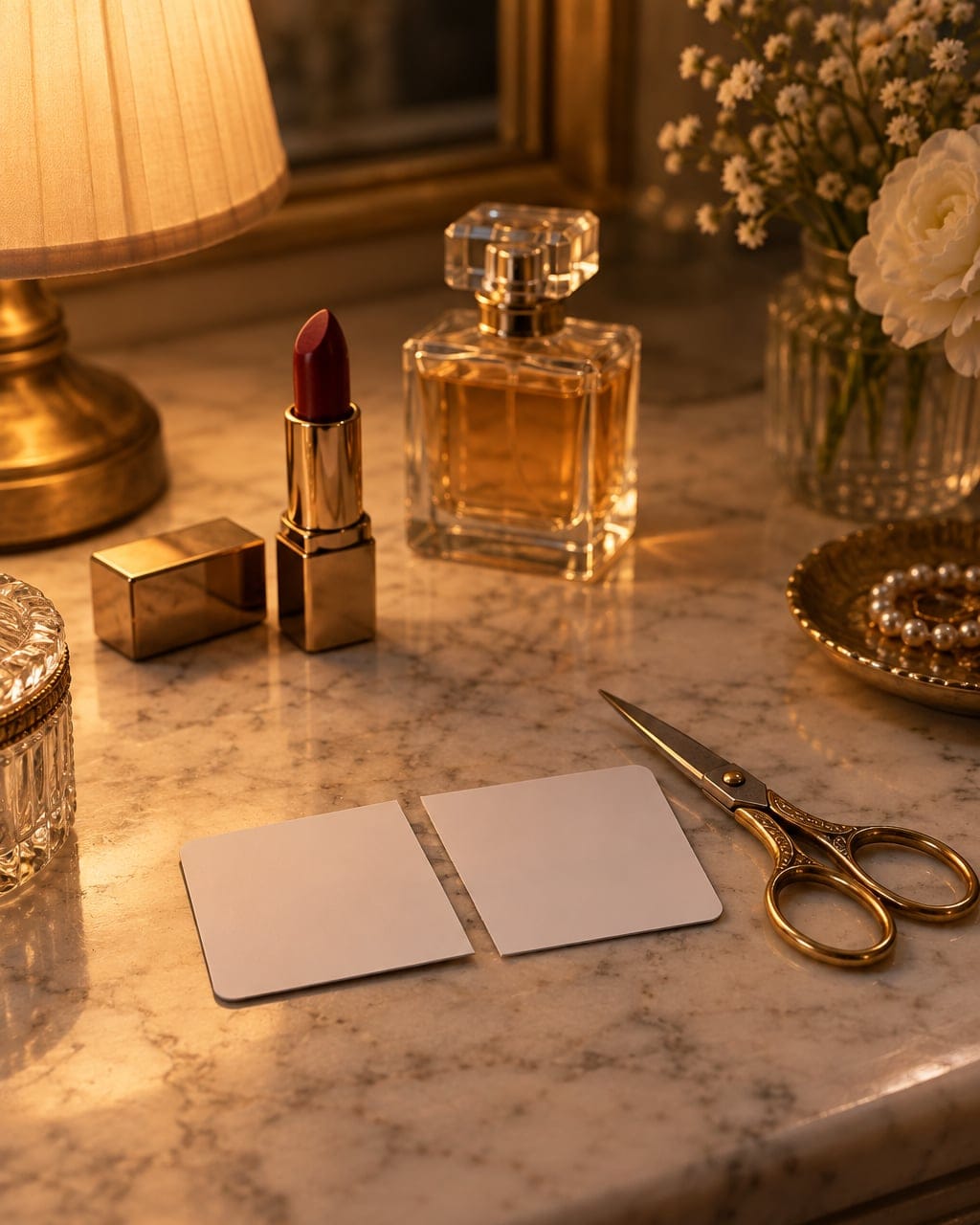 A blank card cut cleanly in half beside gold scissors, a lipstick and a perfume bottle on a marble vanity