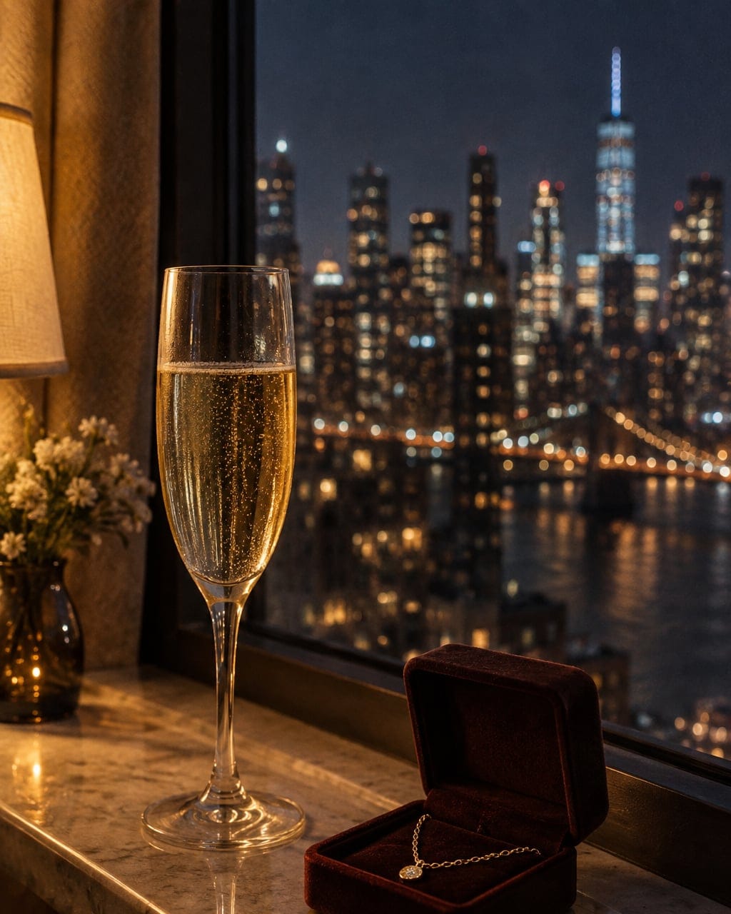 A champagne flute and an open velvet box holding a fine gold chain on a windowsill, city lights behind