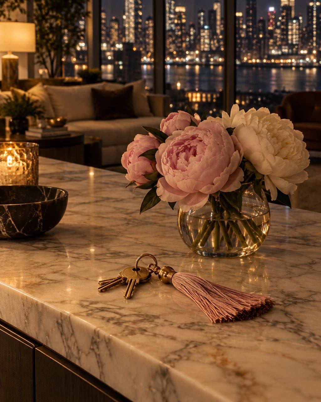 A set of keys with a silk tassel beside fresh peonies on a marble island, penthouse windows full of city lights at night