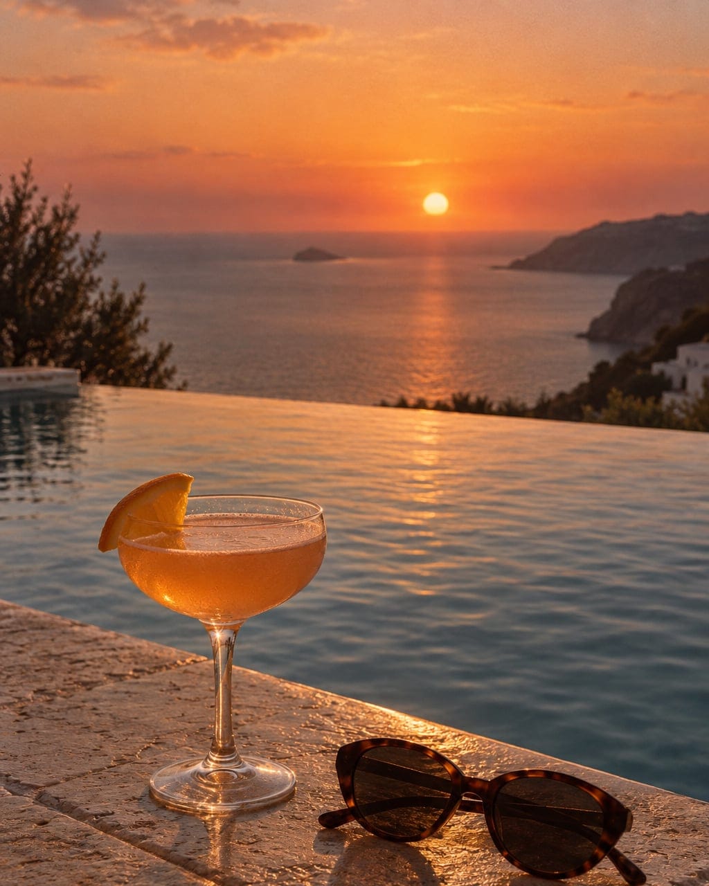 A cocktail and a pair of sunglasses on the edge of an infinity pool at sunset over the sea